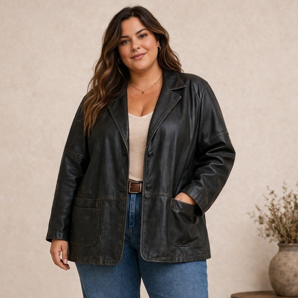 Savannah Leather Blazer Jacket Womens 2XL Black Vintage Button Front Pockets